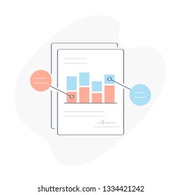 Analytical marketing report, accounting symbol, paper document with diagrams, charts and footnotes, data analysis page. Flat outline business vector icon illustration.