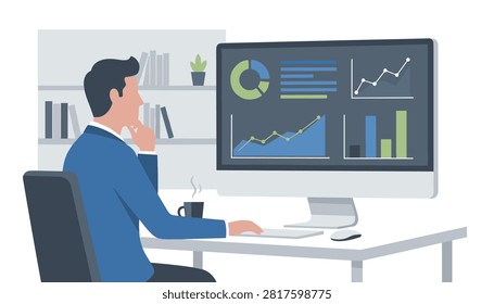 Analytical professional working at a desk viewing complex data visualizations and performance graphs on a desktop monitor display.