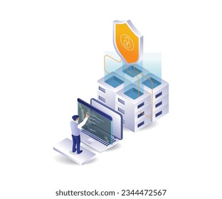 Analytical programmer language server data security  flat and isometric illustration