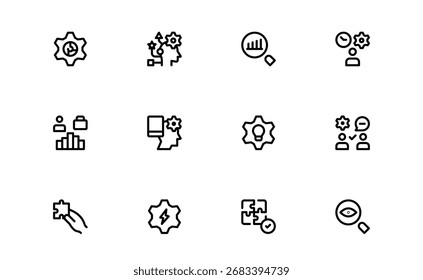 Conceitos de raciocínio analítico - Conjunto de ícones de linha profissional moderno com símbolos vetoriais exclusivos, mínimos e perfeitos em pixels para pensamento estratégico e inteligência