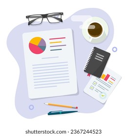 Analytical research writing for academic study paper project document vector or analysis scientific statistics report diagram graph office table desk top view illustration, marketing stats image