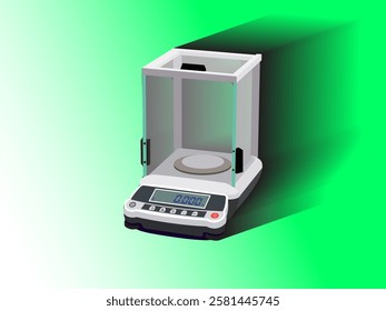 Analytical scale icon illustration design of laboratory equipment, for measuring the mass of a substance, precision scales, realistic vector with long shadow on green background and white light