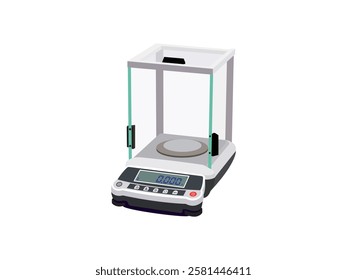 Analytical scale icon illustration design of laboratory equipment, for measuring mass of a substance, fine gram scale, 3d realistic flat icon vector isolated white background