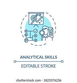 Icono de concepto de habilidades analíticas. Buen abogado y analista. Ilustración de la idea de capacidad de análisis de información en línea delgada. Dibujo de color RGB con contorno aislado del vector. Trazo editable