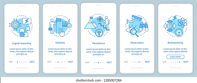 Analytical thinking onboarding mobile app page screen vector template. HR soft skills walkthrough website steps. Observation, initiative, brainstorming. UX, UI, GUI smartphone interface concept