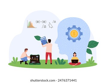 Analytical thinking, personality skill to think and analyze information. Tiny people work with calculator and laptop near big human head with gear and circuit inside cartoon vector illustration