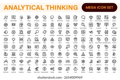 Analytical Thinking Web Icons in Line Style. Ideas, facts, critical decisions, strategy, problem‑solving, innovation, collection.