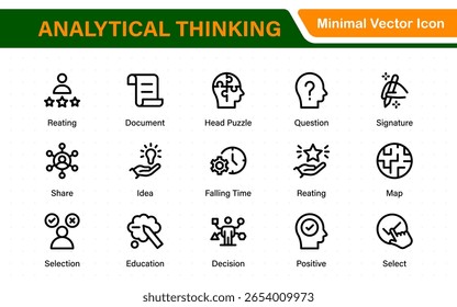 Iconos web de pensamiento analítico en estilo de línea. Ideas, hechos, decisiones críticas, estrategia, resolución de problemas, innovación, colección.