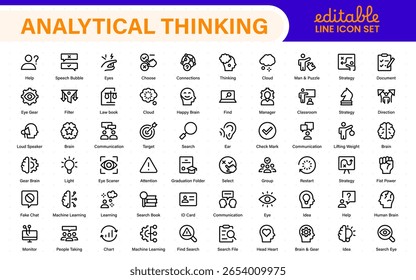Analytical Thinking Web Icons in Line Style. Ideen, Fakten, kritische Entscheidungen, Strategie, Problemlösung, Innovation, Sammlung.