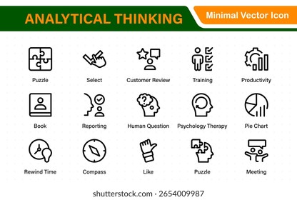 Iconos web de pensamiento analítico en estilo de línea. Ideas, hechos, decisiones críticas, estrategia, resolución de problemas, innovación, colección.
