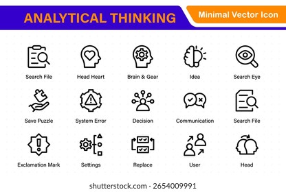 Analytical Thinking Web Icons in Line Style. Ideas, facts, critical decisions, strategy, problem‑solving, innovation, collection.