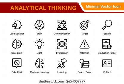 Iconos web de pensamiento analítico en estilo de línea. Ideas, hechos, decisiones críticas, estrategia, resolución de problemas, innovación, colección.