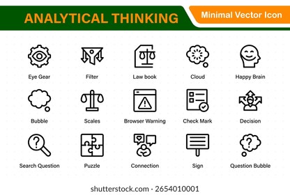 Analytical Thinking Web Icons in Line Style. Ideas, facts, critical decisions, strategy, problem‑solving, innovation, collection.