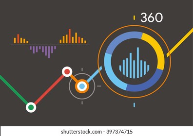 Panel de control de Analytics 360. Infografía oscura con el vector de plantilla de negocio de diagrama