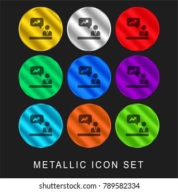 Analytics 9 color metallic chromium icon or logo set including gold and silver