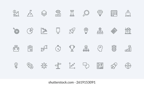 Analytics, achievement and vision of leader, strategy and plan to manage process thin black outline symbols vector illustration. Business project, task organization management line icon set