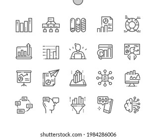 Analytics. Algorithm, process, filtering, report, statistics, development business. Pie chart and cycle analytic. Pixel Perfect Vector Thin Line Icons. Simple Minimal Pictogram