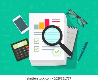 Analytics analysis big data research vector, pile of paper sheet documents inspect, expense statistics result, growth graph chart analyze, analyzing, audit verification process, report check, desk