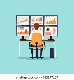 Analítica, análisis, riesgos, estadísticas, hombre de negocios está sentado en la computadora frente a los monitores. Ilustración vectorial de diseño plano.