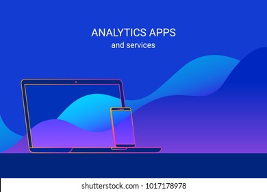 Analytics apps and services for smartphone and laptop presentation and forecast. Gradient line vector illustration of cross platform data analytics and research for mobile and desktop apps. Analytics apps and services for smartphone and laptop presentation and forecast. Gradient line vector illustration of cross platform data analytics and research for mobile and desktop apps.