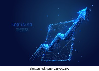 Analytics. Arrow up concept on tablet pc screen. Vector low poly wireframe in the form of starry sky or space, consisting of points, lines, and shapes in the form of stars. Polygonal digital abstract 