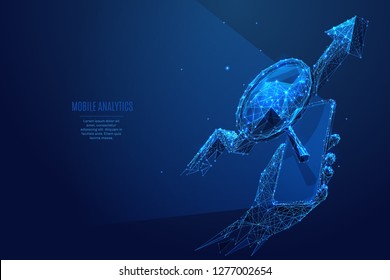 Analytics. Arrow up and magnifying on smartphone screen. Vector low poly wireframe in the form of starry sky or space, consisting of points, lines, and shapes in the form of stars with destruct shapes