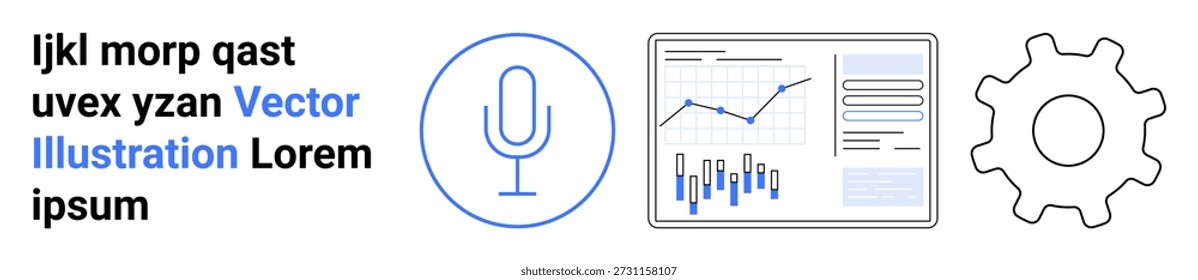 Analytics, audio technology, business insights, workflow management, software solutions, AI integration. Microphone icon, data graphs gear. Analytics and audio technology concept