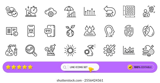 Analytics, Augmented reality and Emergency call line icons for web app. Pack of Psychology, Computer fingerprint, Coronavirus pictogram icons. Statistics, Microscope, Coronavirus spray signs. Vector