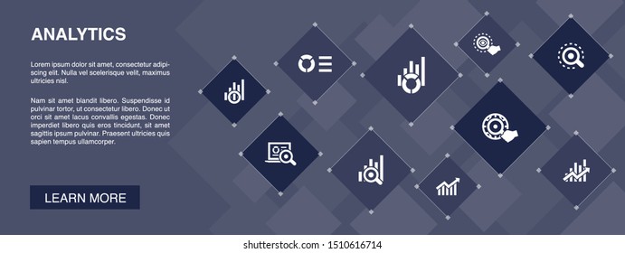 analytics banner 10 icons concept.linear graph, web research, trend, monitoring icons