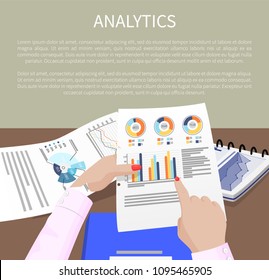 Analytics banner with many charts and graphs data vector illustration female hands planning process, strategy documentation business text sample