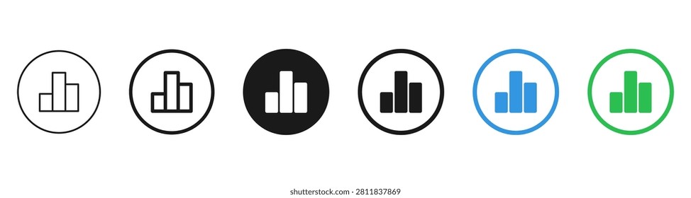 Analytics Bar Chart Icon Button Set: statistics bar chart icon buttons in outline, solid, blue, and green styles for data, reports, statistics, and dashboards	