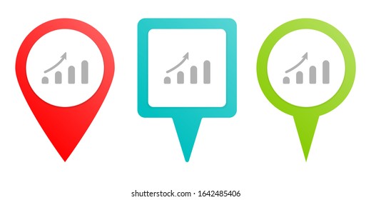 analytics, bar chart, pin icon. Multicolor pin vector icon, diferent type map and navigation point.