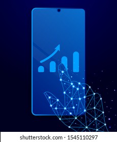 analytics, bar chart touch phone. Polygon style touch phone vector illustration