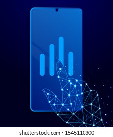 analytics, bar chart touch phone. Polygon style touch phone vector illustration