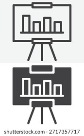Ícone do gráfico de barras da placa de análise definido em estilo diferente. Ícone de contorno de linha e versão sólida, sinal de vetor de traçado editável e símbolo para relatório, estatísticas, apresentação e SEO.