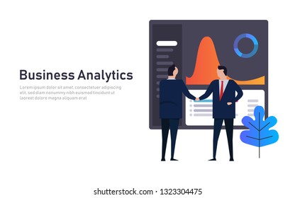 Analytics business data dashboard financial performance abstract. Employee manager handshake. Futuristic modern technology. Gradient vector color