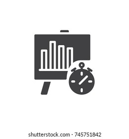 Analytics with business graph and stopwatch icon vector, filled flat sign, solid pictogram isolated on white. Time management symbol, logo illustration.