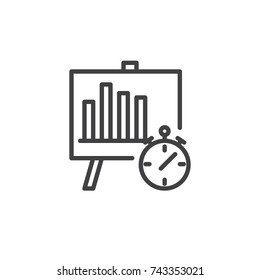 Analytics with business graph and stopwatch line icon, outline vector sign, linear style pictogram isolated on white. Time management symbol, logo illustration. Editable stroke