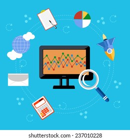 Analytics, business strategy and e-commerce illustration. Flat style concept of analysis and searching