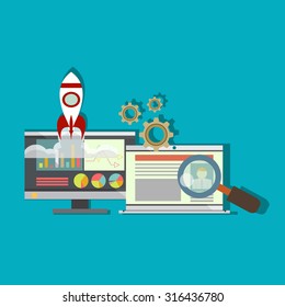 Analytics, business strategy and e-commerce illustration. Flat style concept of analysis and searching