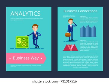 Analytics business way, businessman with strongbox, talking on phone and carrying briefcase, text and graph on vector illustration