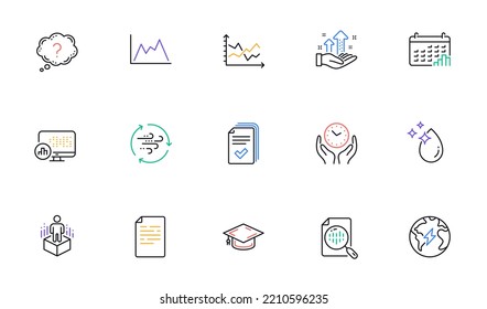 Analytics chart, Augmented reality and Analysis graph line icons for website, printing. Collection of Electricity, Diagram chart, Graduation cap icons. Water drop, Document. Vector