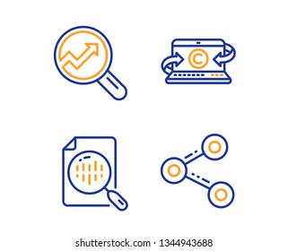 Analytics chart, Analytics and Copywriting notebook icons simple set. Share sign. Report analysis, Audit analysis, Writer laptop. Follow network. Business set. Linear analytics chart icon. Vector