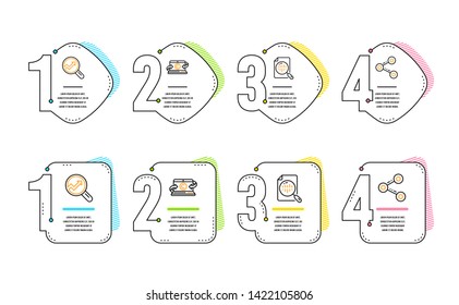 Analytics chart, Analytics and Copywriting notebook icons simple set. Share sign. Report analysis, Audit analysis, Writer laptop. Follow network. Business set. Infographic timeline. Vector