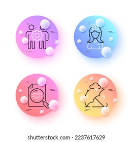 Analytics chart, Employees teamwork and Stress protection minimal line icons. 3d spheres or balls buttons. Hospital nurse icons. For web, application, printing. Vector