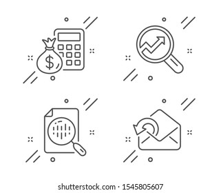 Analytics, Analytics chart and Finance calculator line icons set. Send mail sign. Audit analysis, Report analysis, Calculate money. Sent message. Education set. Line analytics outline icon. Vector