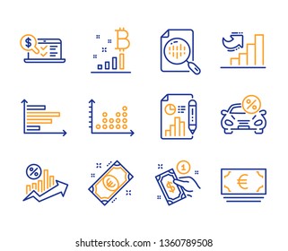 Gráfico analítico, Contabilidad en línea e iconos de documento Informe conjunto simple. Dibujo de puntos, Gráfico horizontal y carteles de arrendamiento de Camiones. Dinero en euros, método de pago y símbolos de porcentaje de préstamo. Vector