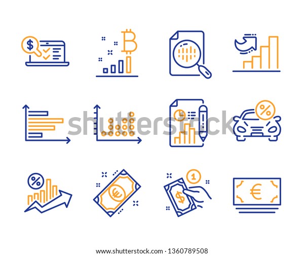 Analytics chart,\
Online accounting and Report document icons simple set. Dot plot,\
Horizontal chart and Car leasing signs. Euro money, Payment method\
and Loan percent symbols.\
Vector
