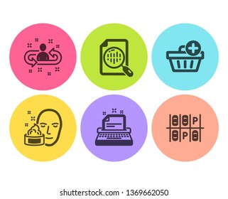 Analytics chart, Recruitment and Add purchase icons simple set. Typewriter, Face cream and Parking place signs. Report analysis, Manager change. Flat analytics chart icon. Circle button. Vector