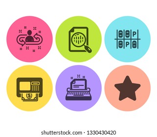 Analytics chart, Recruitment and Typewriter icons simple set. Parking place, Atm and Star signs. Report analysis, Manager change. Technology set. Flat analytics chart icon. Circle button. Vector